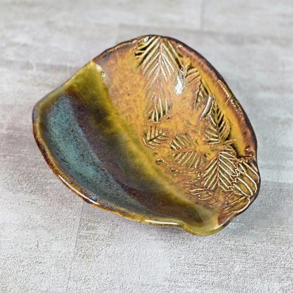 Nick Molatore Hand Thrown Studio Pottery 5" Bowl Glazed Soap Dish Leaf Design